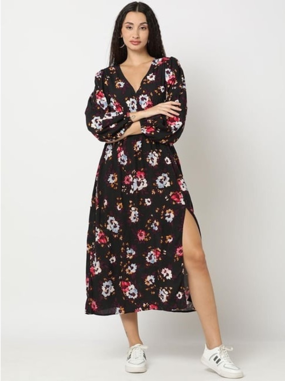 NWT Gap Black Purple Floral V-neck Long Sleeve Front Slit Midi Maxi Size Medium